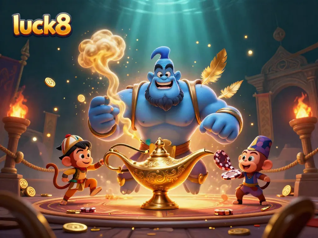 Engage in thrilling gameplay with luck8, featuring a dynamic 3D casino scene with a genie's magic.