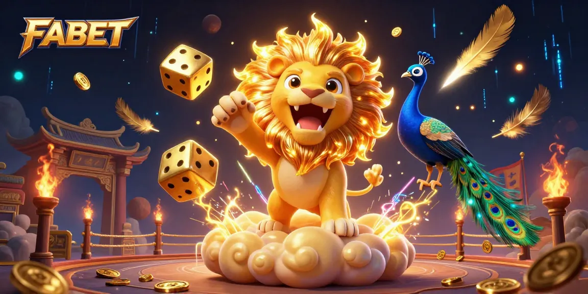 Experience thrilling FABET gameplay with a majestic lion and vibrant casino elements in a dynamic scene.