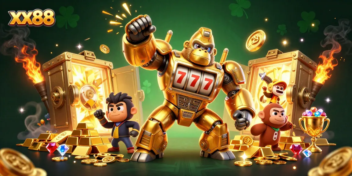 xx88 sparkles as the golden gorilla mech smashes through coins and treasures in an exciting casino scene