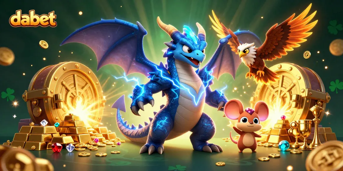 Experience thrilling adventures with dabet's electrifying casino illustration featuring a dragon and treasures.