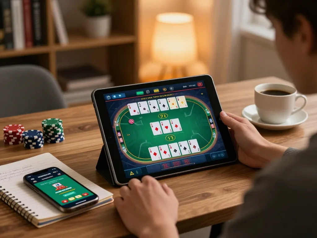 Enjoying poker gameplay on a tablet, showcasing LGO GOAL strategies in a cozy home office setting.