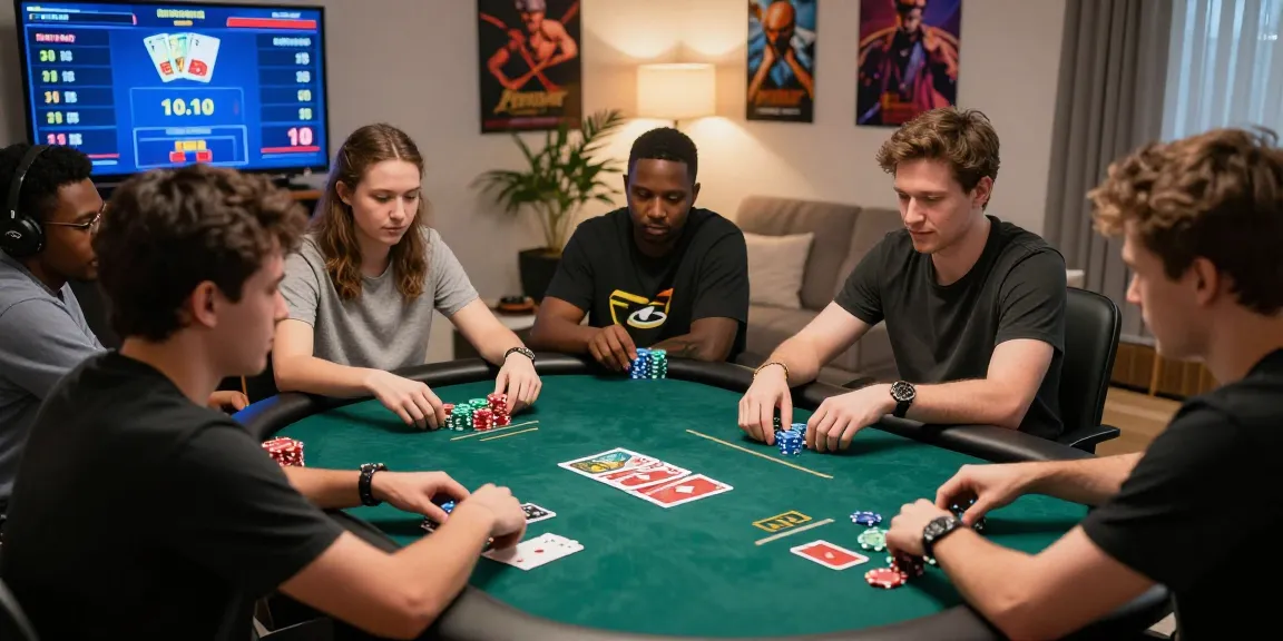 Situs Poker Uang Asli Dewapoker online gaming scene with players focused on poker screens, showcasing excitement and camaraderie.
