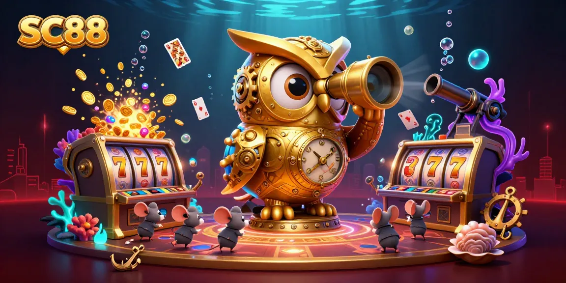 SC88 gaming experience featuring a clockwork owl and vibrant casino elements amidst underwater treasures.