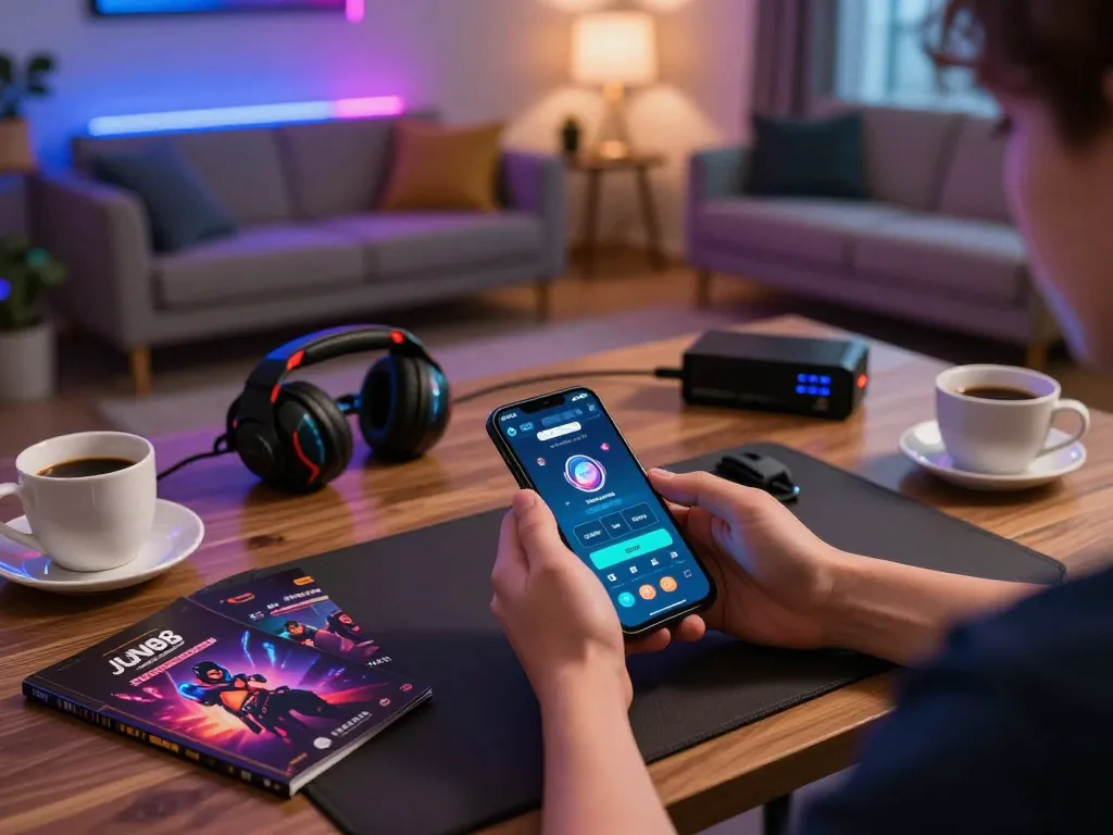 Player using Jun88 app on smartphone in a cozy gaming setup with vibrant atmosphere.