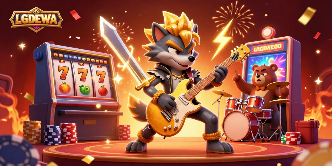 Experience the thrill of winning at LGODEWA with vibrant slot machines and playful characters in a lively casino scene.