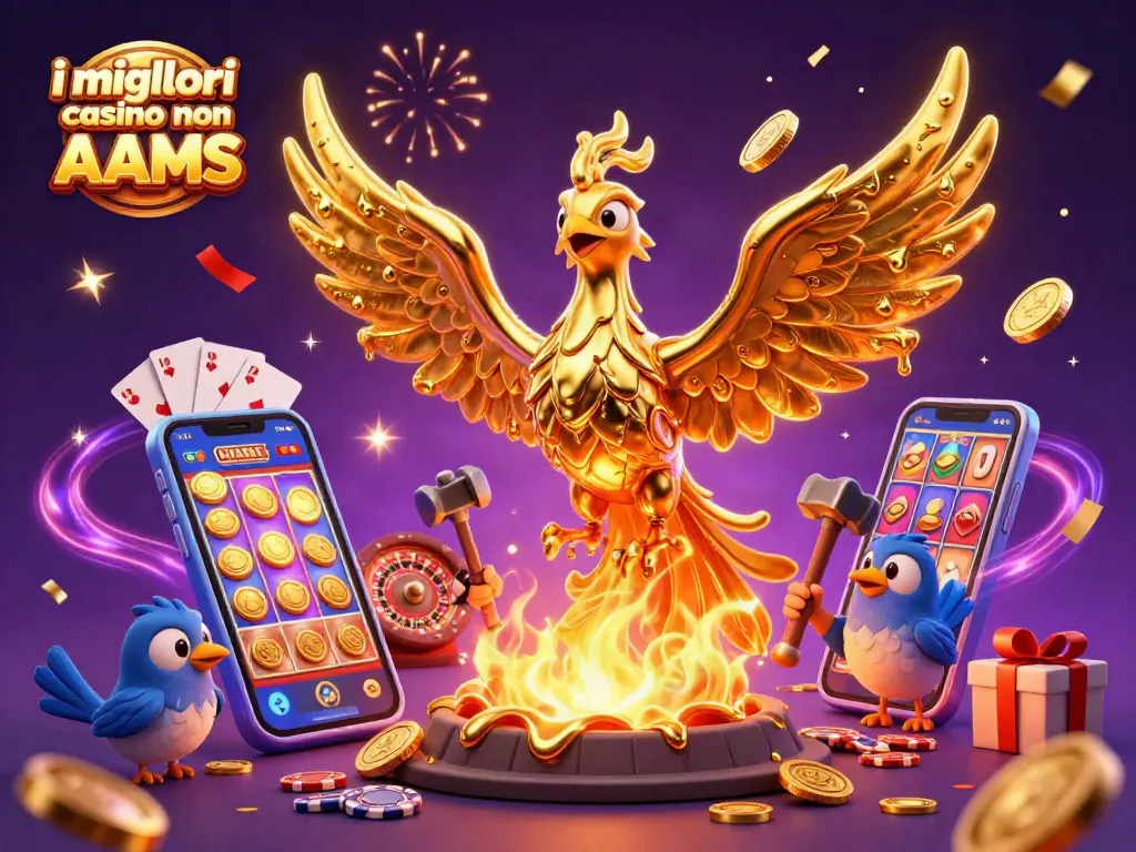 I migliori casino non AAMS presentano un'illustrazione vibrante con un fenice d'oro e giochi di casinò dinamici.