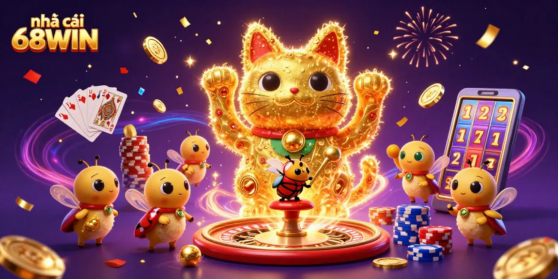 Engage with nhà cái 68WIN featuring a vibrant lucky cat scene enriched with gambling elements and fireworks.