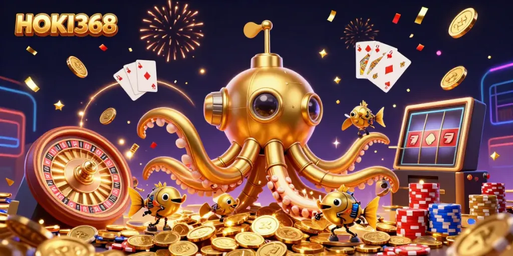 Experience exciting gameplay with HOKI368 featuring a golden kraken submarine and dynamic casino elements.