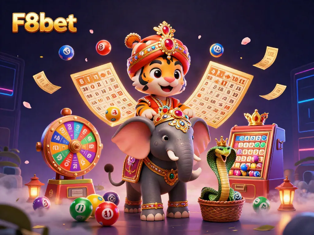 Experience the excitement of F8bet with a thrilling 3D illustration of a maharaja tiger, elephant, and festive game elements.