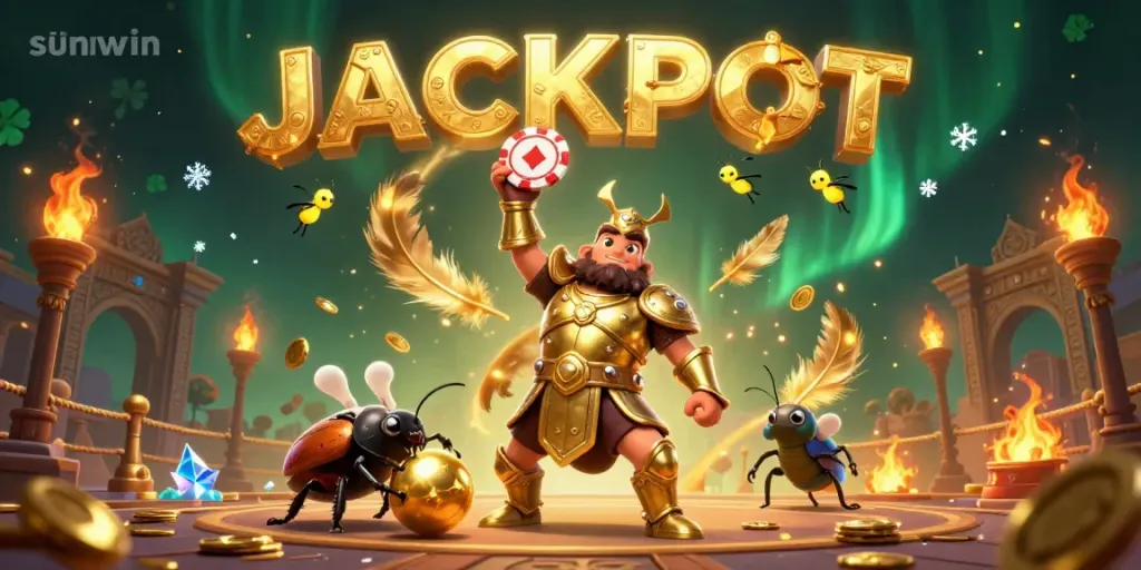 Experience thrilling wins with Sunwin as a cartoon beetle triumphantly lifts a poker chip amidst colorful casino elements.