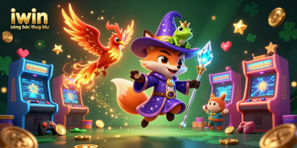 Engaging 3D illustration of iwin sòng bạc thượng lưu showcasing a wizard fox and phoenix in a vibrant casino environment.