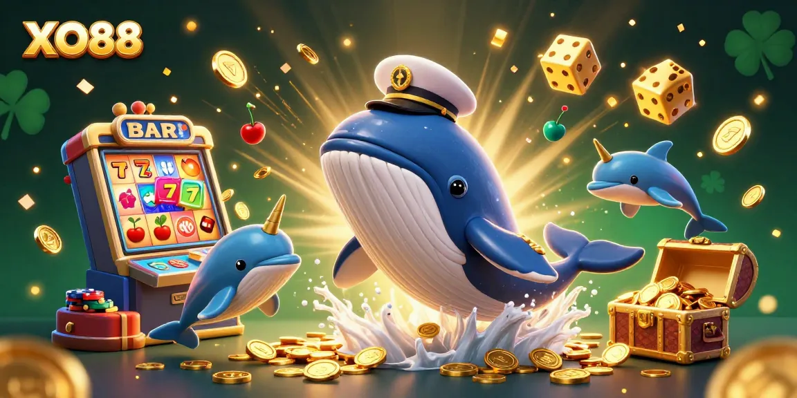 Bet on XO88 with exciting ocean-themed casino illustrations of a playful whale and dolphins.