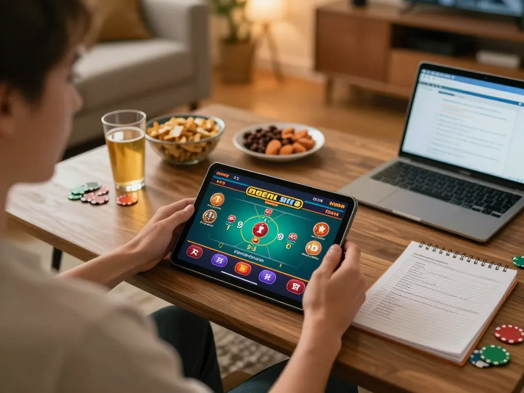A person winning on Agen Slot online while playing in a cozy home environment with tablet and snacks.