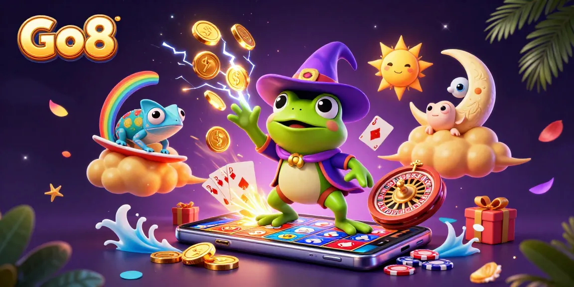 Engage with Go8's thrilling gaming experience featuring vibrant 3D characters amid gold coins and slots.