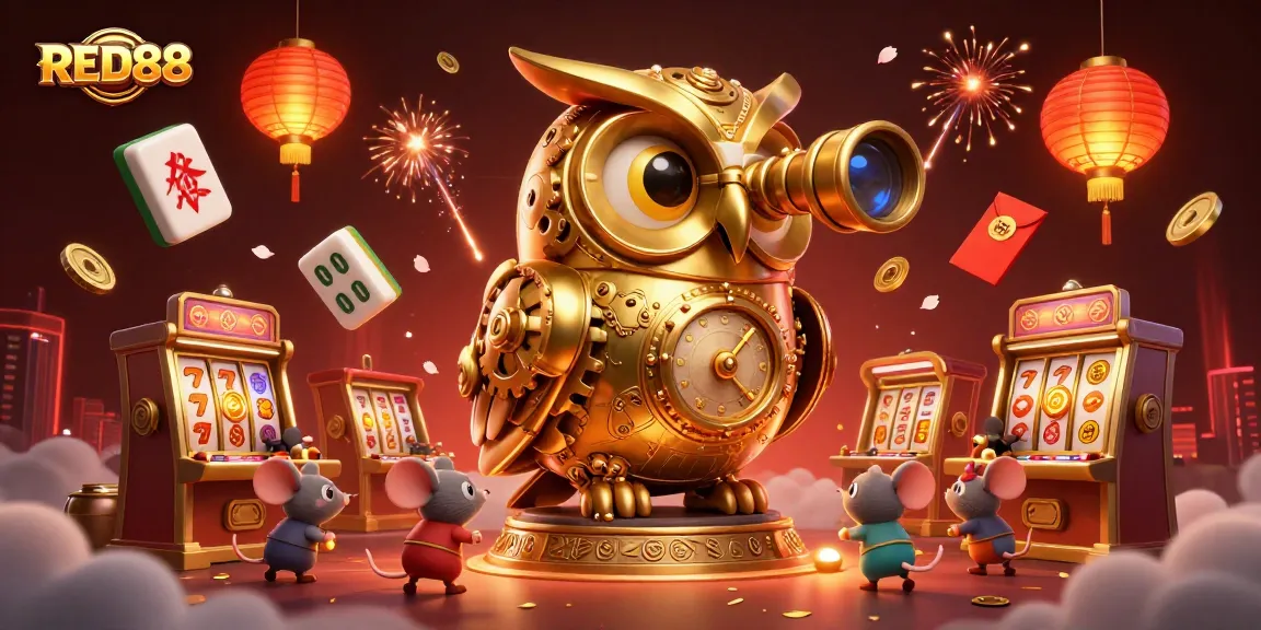 Experience the excitement of winning at RED88 with a casino scene featuring a golden owl and vibrant slot machines.