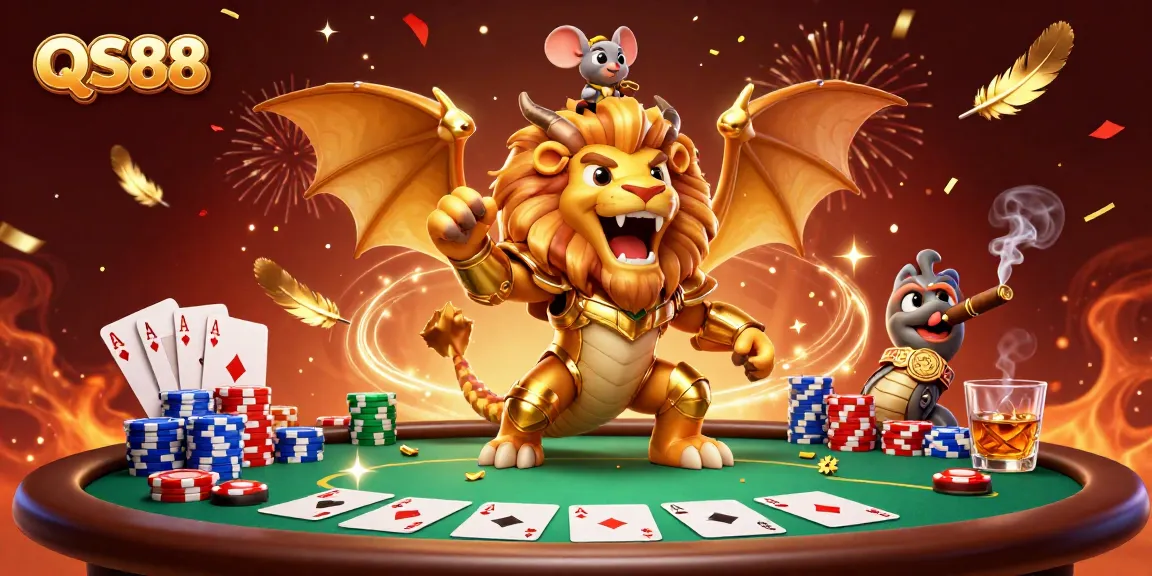 Engage in thrilling poker at QS88 with a brave chimera and mouse jockey illustration amidst vibrant casino elements.