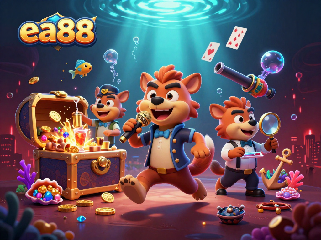 ea88 showcases hyenas in a vibrant casino scene, mixing drinks and checking IDs.