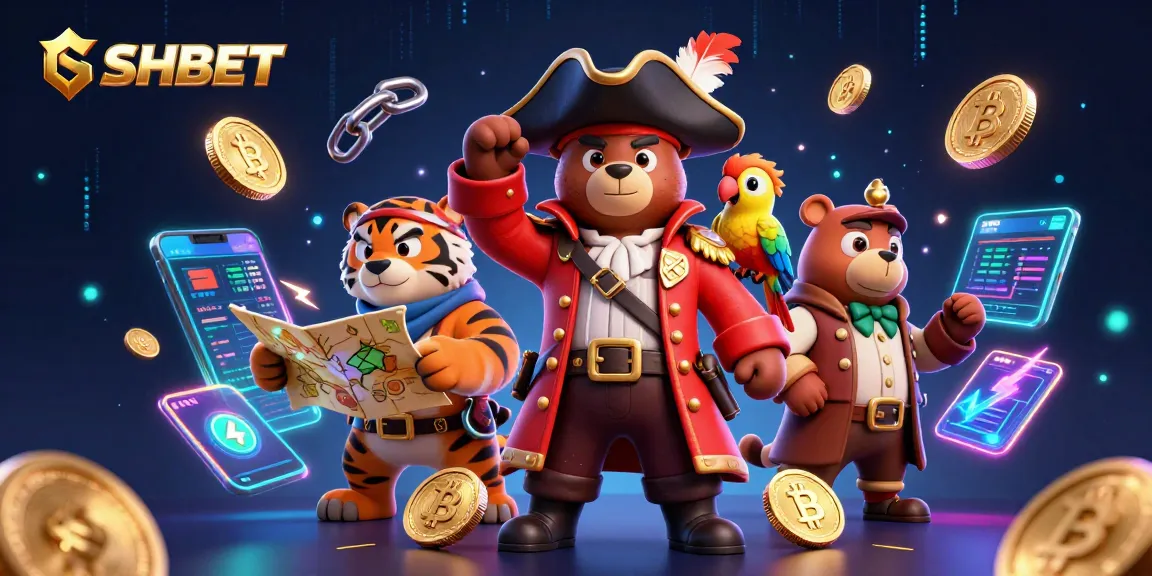 Win big with SHBET in an exciting casino adventure featuring a pirate bear, tiger, and golden coins.
