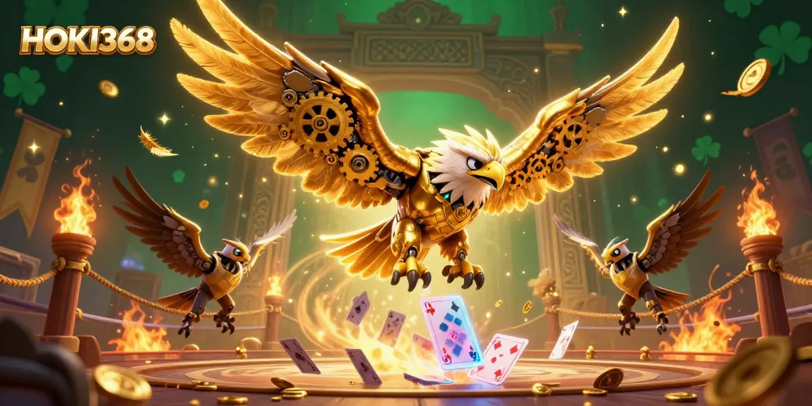 Experience HOKI368's thrilling casino adventure with a golden eagle amidst dynamic casino elements.