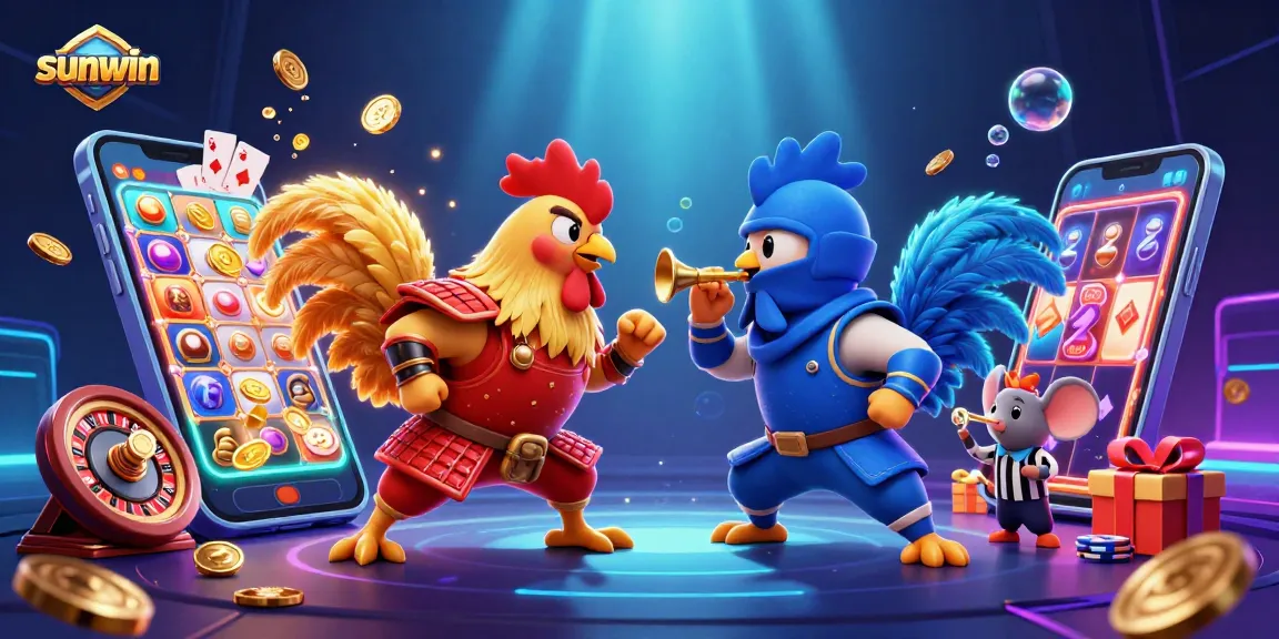 Watch sunwin roosters battle amidst colorful casino game elements in a dynamic illustration.