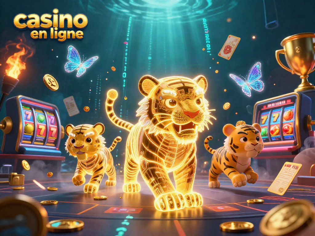 Jouez à casino en ligne avec des machines à sous animées et un tigre lumineux dans un paysage numérique.