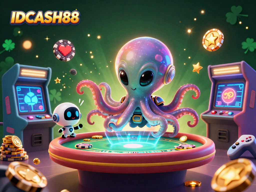 Engage in thrilling gameplay at IDCASH88 with an exciting 3D alien poker scene, showcasing unique characters and casino elements.