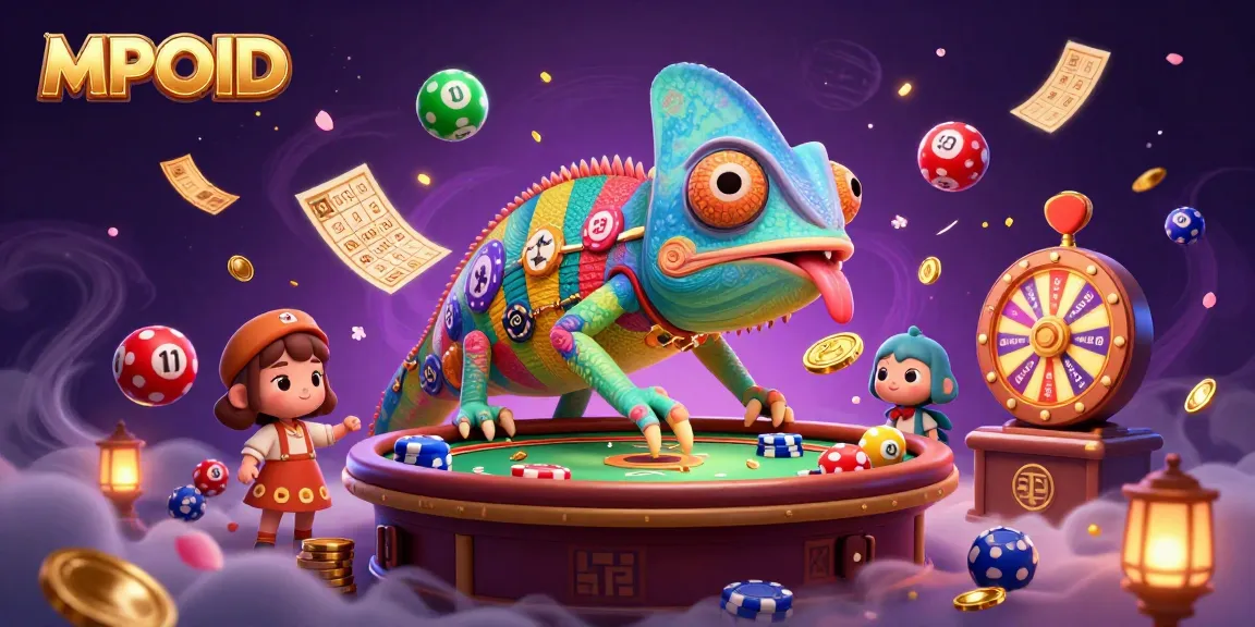 MPOID showcases a vibrant casino scene with a chameleon owner and dynamic game elements.