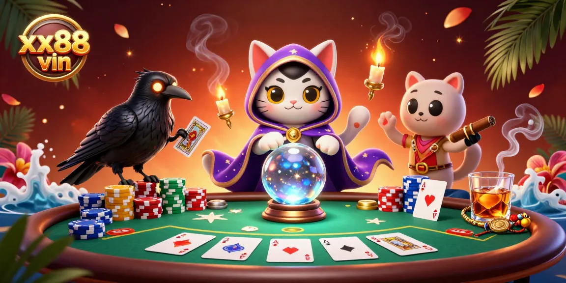 Experience thrilling 3D casino scenes with xx88 vin featuring a mystic cat and poker elements.