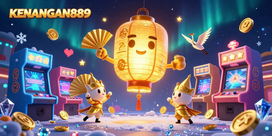 Experience KENANGAN889's glowing golden lantern spirit in a vibrant casino scene filled with exciting gaming elements.