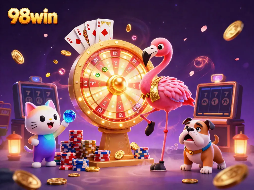 Win prizes at 98win with an exciting cartoon scene featuring a game show host and playful characters.