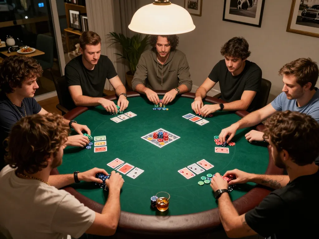 Experience intense gameplay with IDCASH 88 in a friendly poker night atmosphere, showcasing strategic play and vibrant chips.