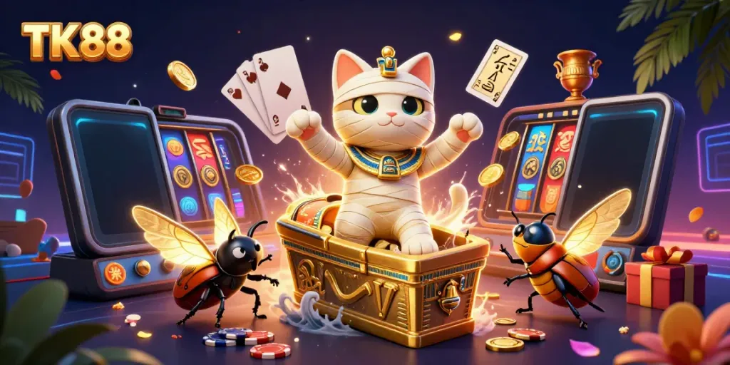 Experience thrilling slots and casino excitement with TK 88's vibrant mummy and gaming elements.