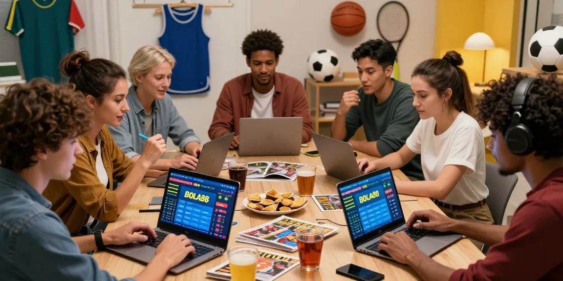 BOLA88 dynamic online betting experience with diverse enthusiasts engaging with real-time odds and sports gear around them.