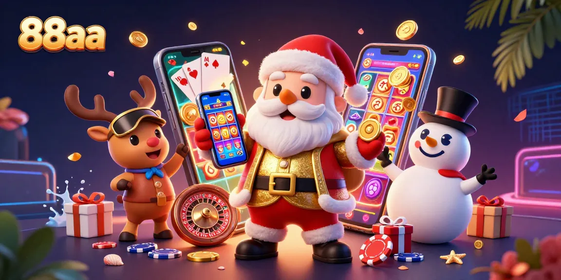 88aa presents a vibrant casino scene featuring Santa Claus and friends engaging in slot games with dynamic elements.