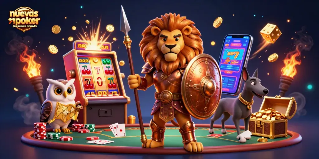 Ilustración de nuevas salas de póker online en España con un león espartano y elementos de juego.