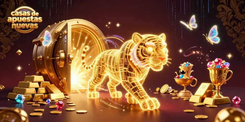 Casino digital vibrante de casas de apuestas nuevas con un tigre dorado sobre un fondo llamativo.