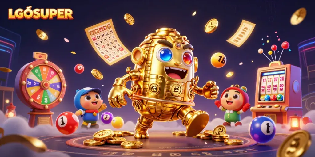 Engage in winning strategies with LGOSUPER's vibrant lottery activities featuring a golden golem.