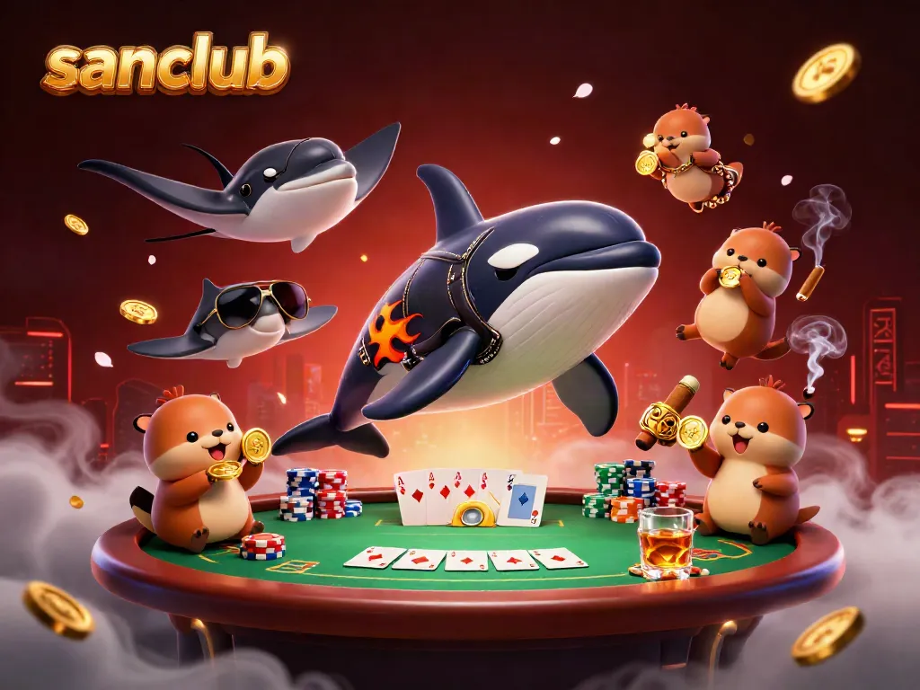 Engage with sanclub's vibrant casino scene featuring an orca whale, stingray, and otters with poker elements.