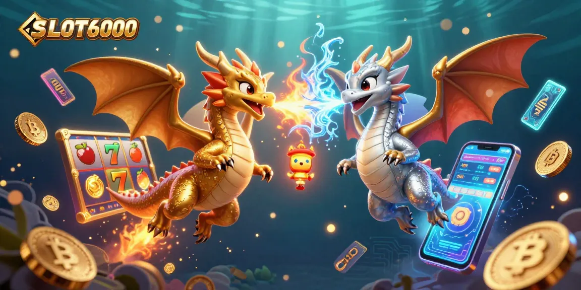 SLOT6000 showcases a vibrant scene with dragons and slot reels amidst cryptocurrency symbols.