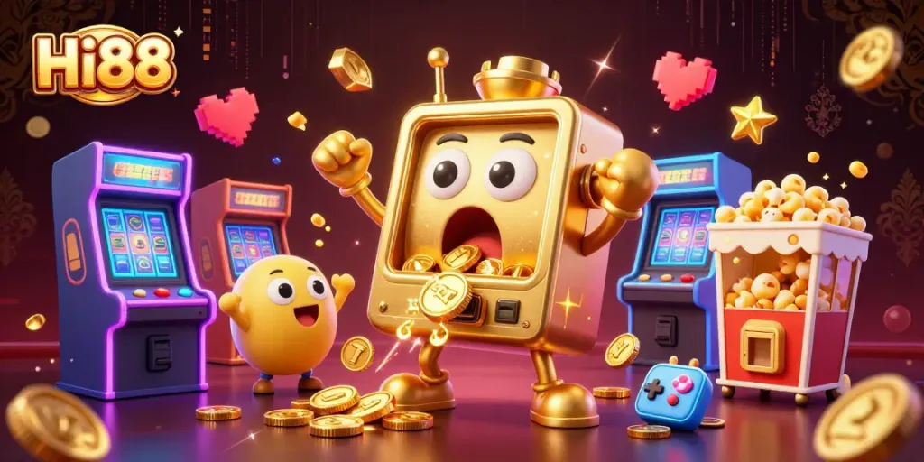 Join the excitement at Hi88 as a golden slot machine hits the jackpot amid cheering baby slots.