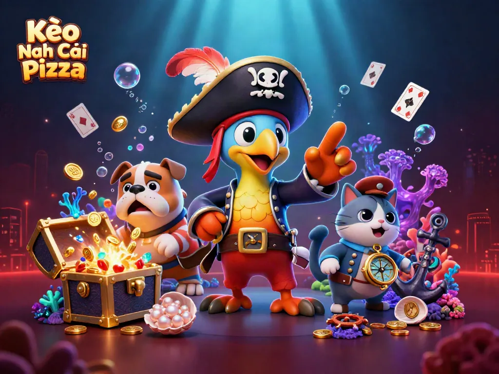 Kèo Nhà Cái Pizza showcases an adventurous gambling illustration featuring a pirate parrot captain with his bulldog and cat companions.