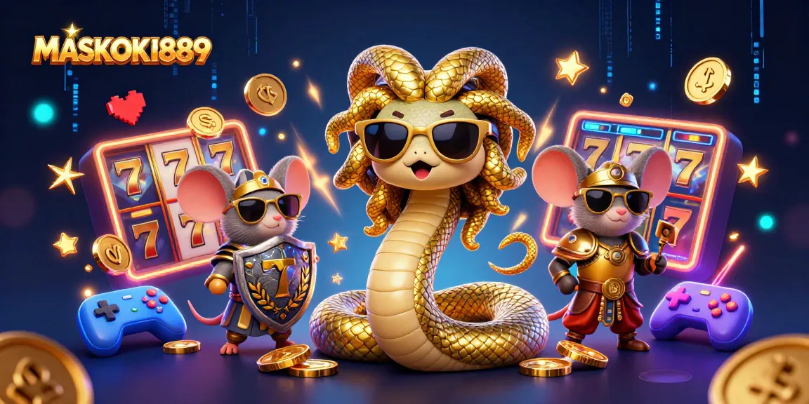 Experience the vibrant energy of MASKOKI889 with a dynamic casino scene featuring slots and playful characters.
