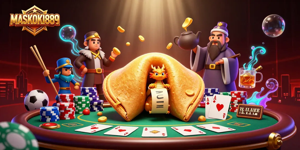 Engage with MASKOKI889's dynamic casino scene, featuring a golden fortune cookie and poker elements.