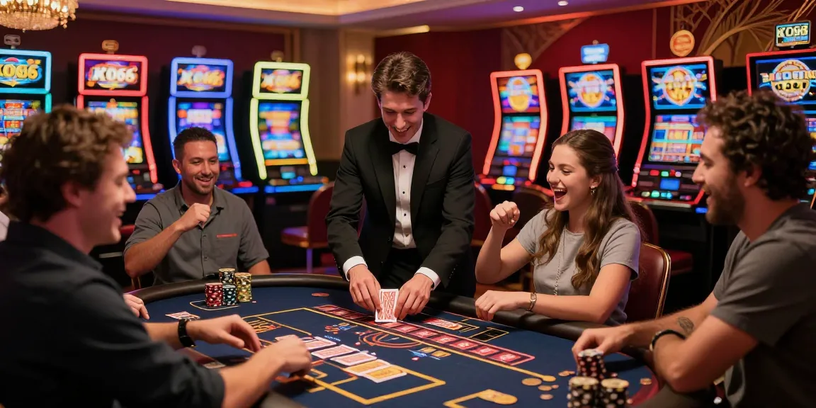 Exciting gaming scene at KO66 Casino with players enjoying card games and vibrant atmosphere.