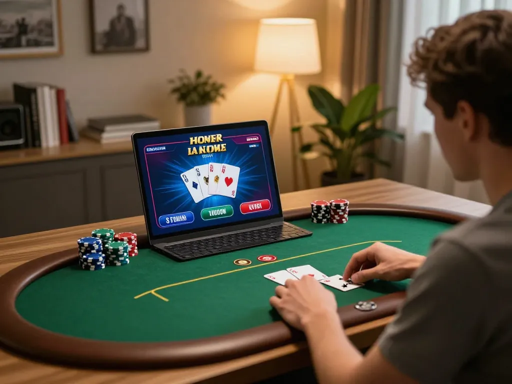 Player enjoying a casino game online with MM88 on a vibrant laptop, capturing strategic moments of poker play.