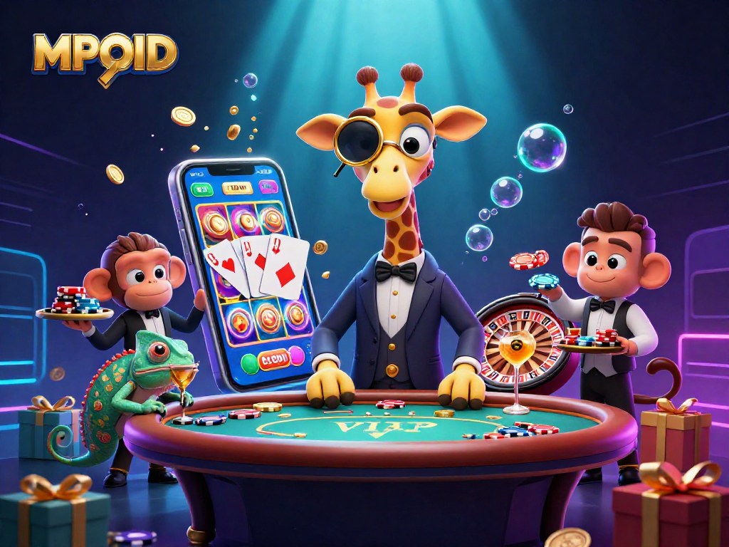 Join the high-roller giraffe and friends in MPOID's vibrant casino scene filled with jackpot possibilities.