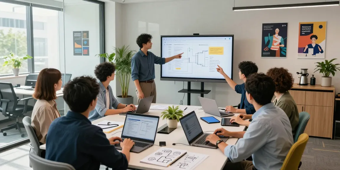 Collaboration scene showcasing team members building internal tools with AI in a modern office setting.