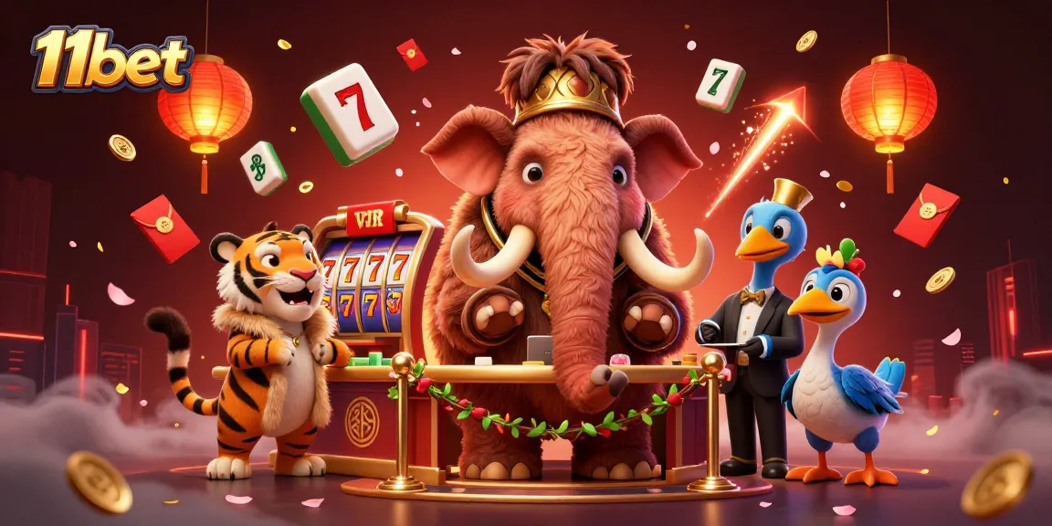 Immerse in the vibrant scene of 11bet with a mammoth bouncer and a saber-tooth tiger VIP.