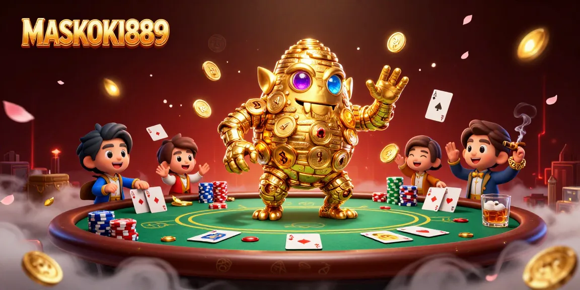 Engage with MASKOKI889's animated casino scene featuring a golden golem and poker elements.