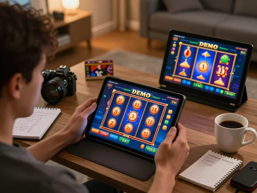 Player intensely focused on a Demo Slot game interface on tablet, showcasing engaging online gaming atmosphere.